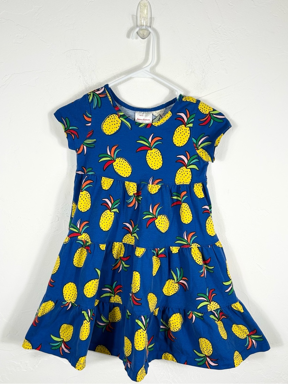 Hanna Andersson Girls Blue Pineapple Tiered Dress Size 120 US 6-7 Short Sleeve